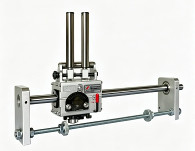 Reference rolling-ring traverse with a smooth shaft, enclosed carriage, lower stop rod and upright guides