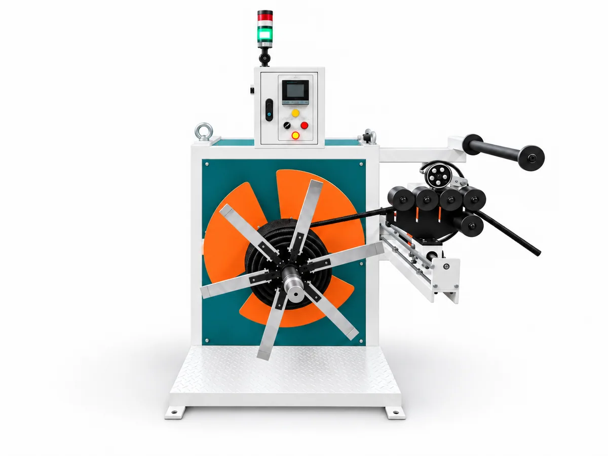 Compact single-station corrugated pipe coiler with a single winding reel