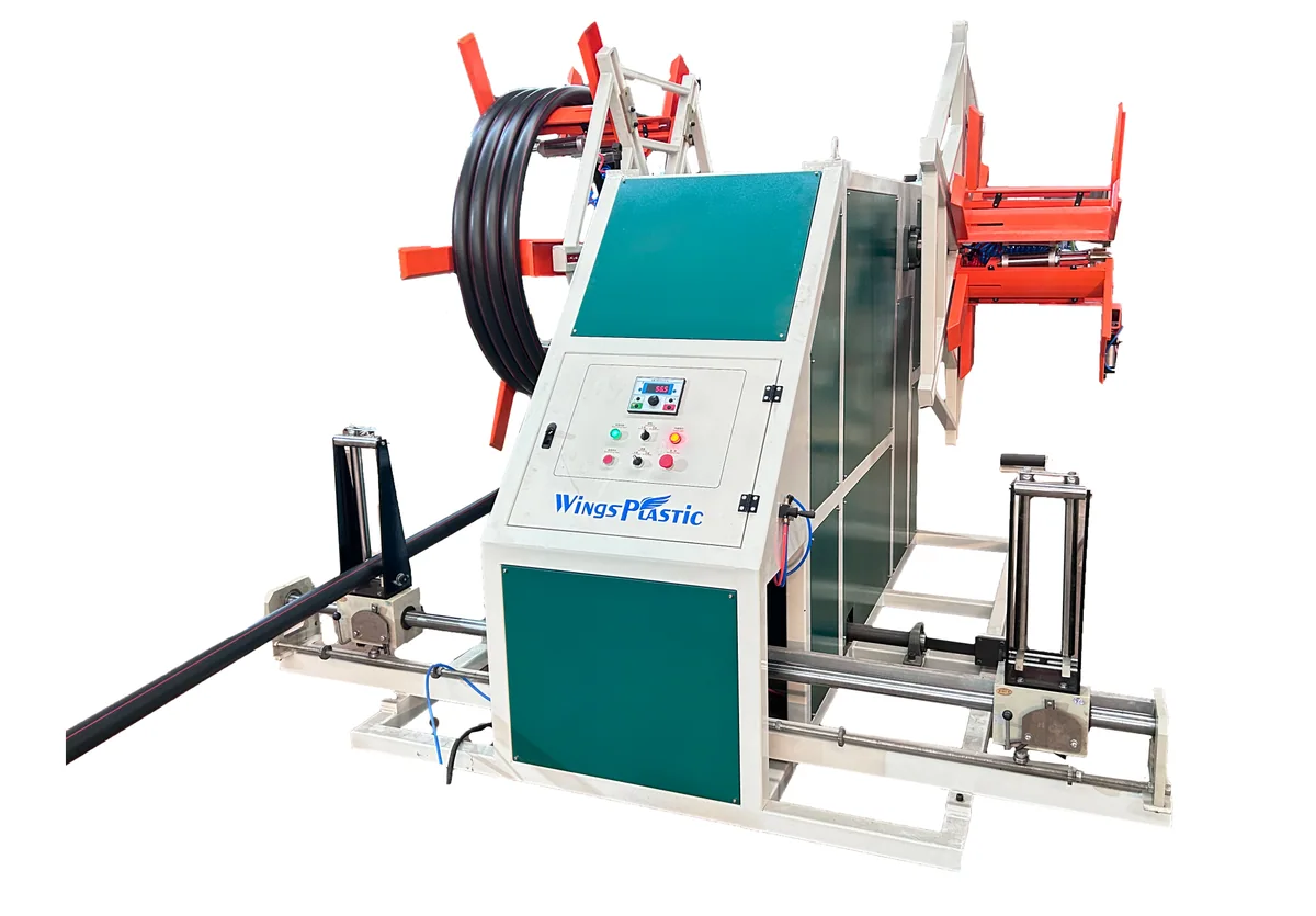 Custom double-station pipe coiler with two winding reels, teal machine panels and orange details on a white background