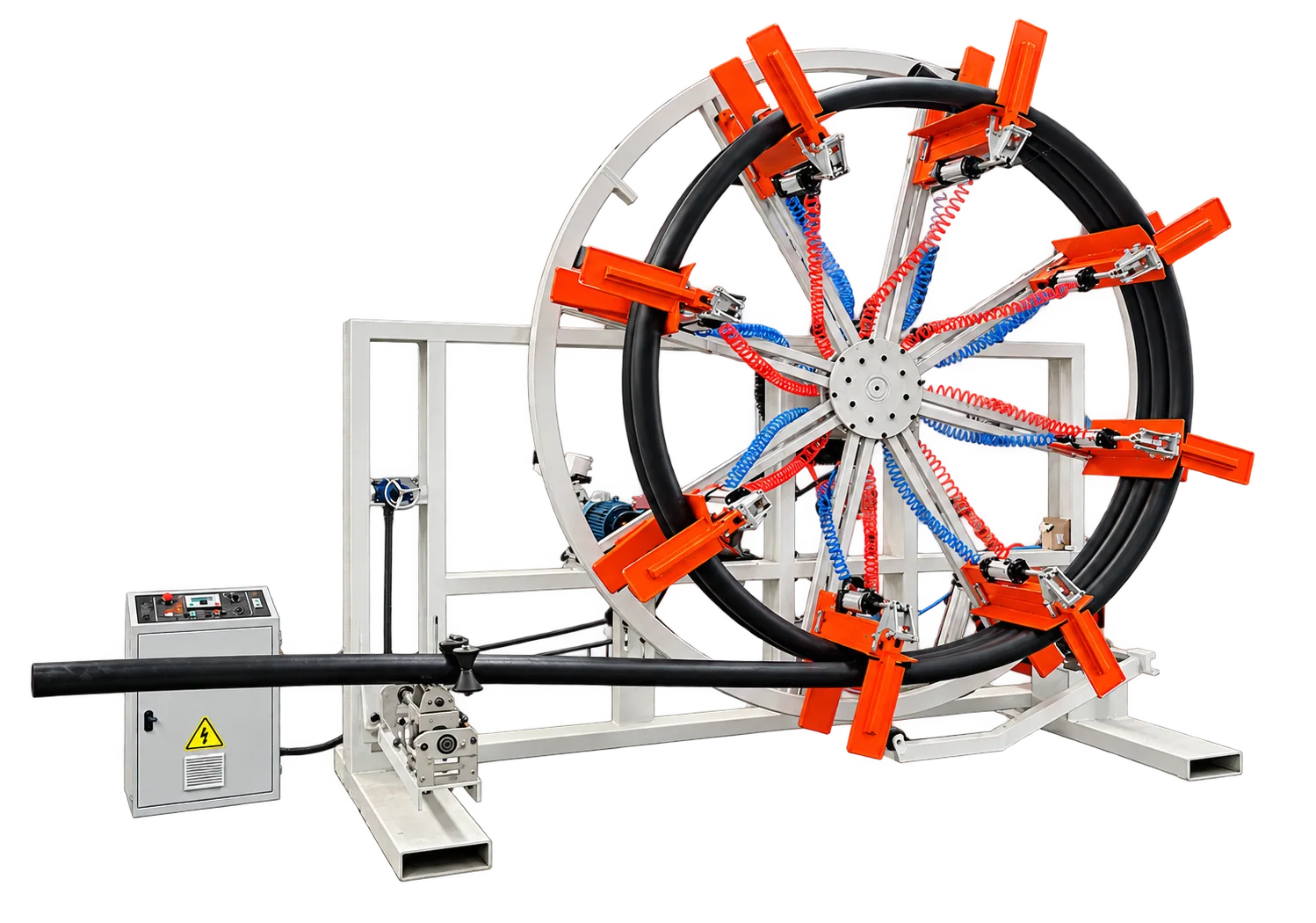 Wings HDPE pipe coiler with orange reel clamps, silver frame and pneumatic controls