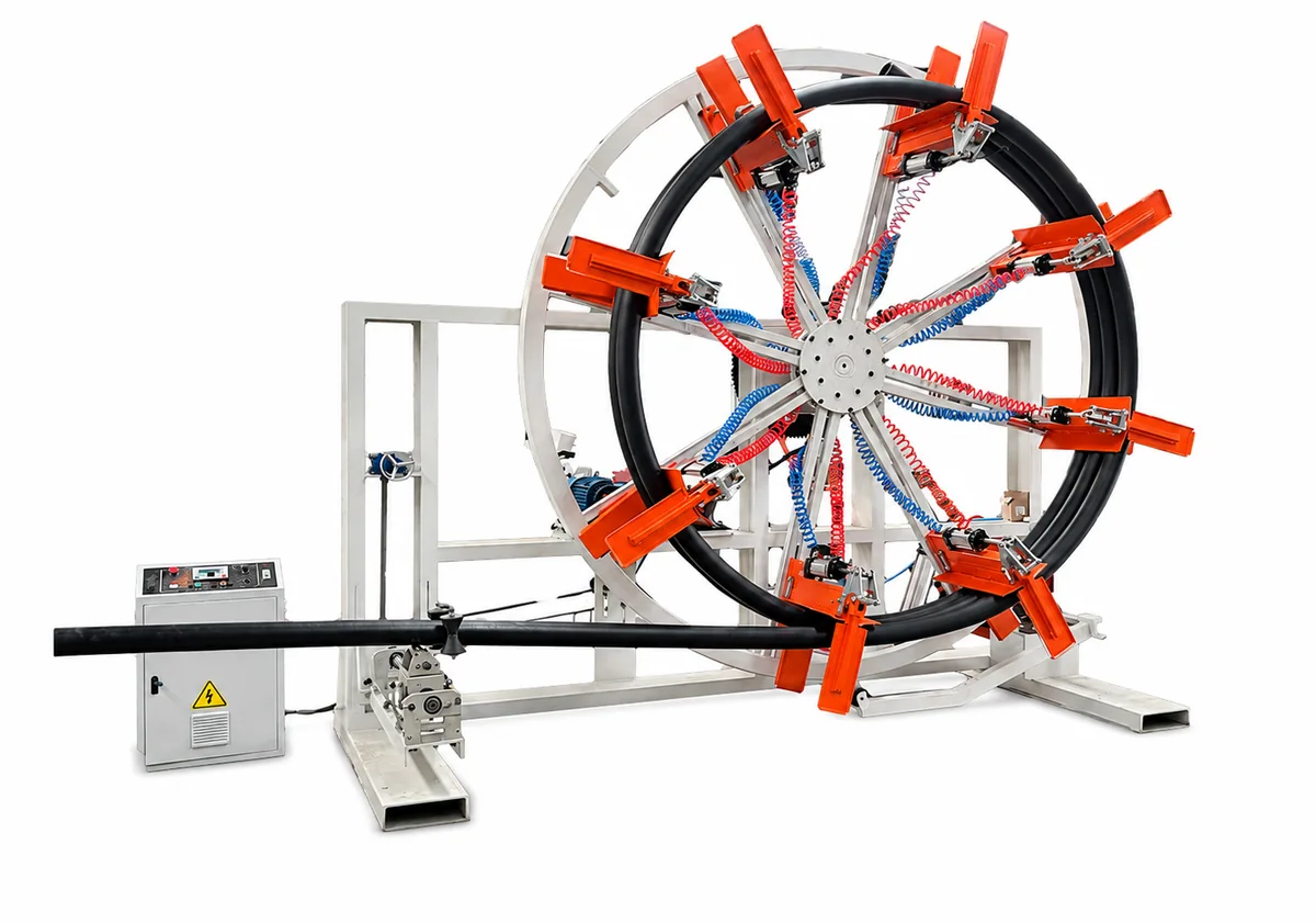 Wings 40–110 mm HDPE pipe coiler with orange winding arms, silver frame and separate control cabinet