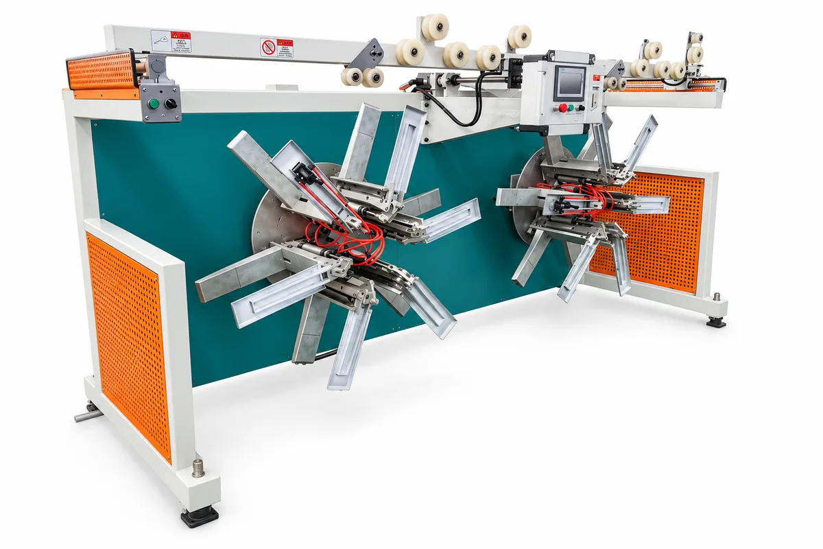 High-speed HDPE and PERT pipe coiler with two winding stations and a central control cabinet