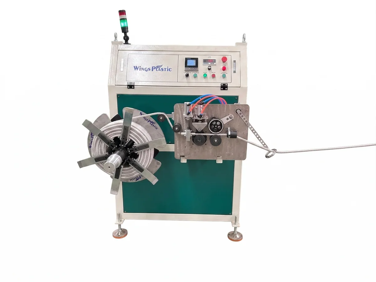Wings single-station corrugated pipe and small hose coiler with automatic meter counting and air-cylinder cutting
